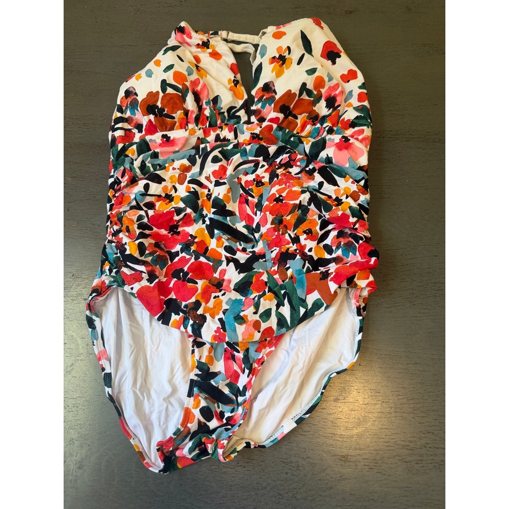 Anne Cole Floral Halter One Piece Swimsuit Ruched Keyhole Back Multicolor Sz 12